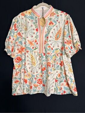 Puff-Sleeve Tunic Top 3XL Victorian Florals v-neck embroidered boho coastal